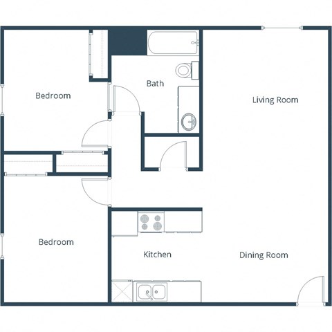 Floor plan for 2 beds, 1 bath, 888 sqft