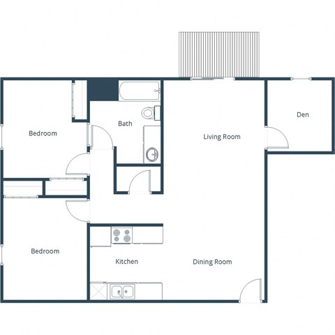 Floor plan for 2 beds, 1 bath, 988 sqft