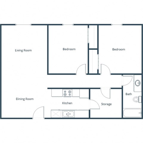 Floor plan for 2 beds, 1 bath, 864 sqft