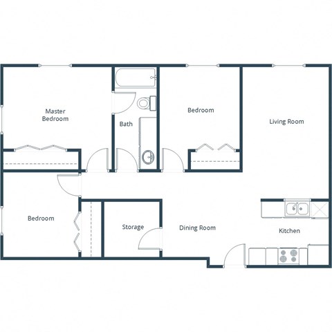 Floor plan for 3 beds, 1 bath, 1029 sqft