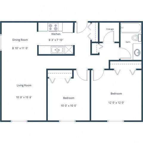 Floor plan for 2 beds, 1 bath, 900 sqft