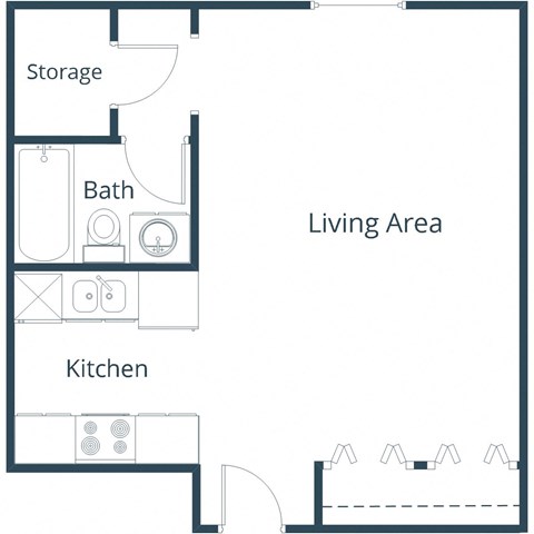 Floor plan for studio, 1 bath, 412 sqft