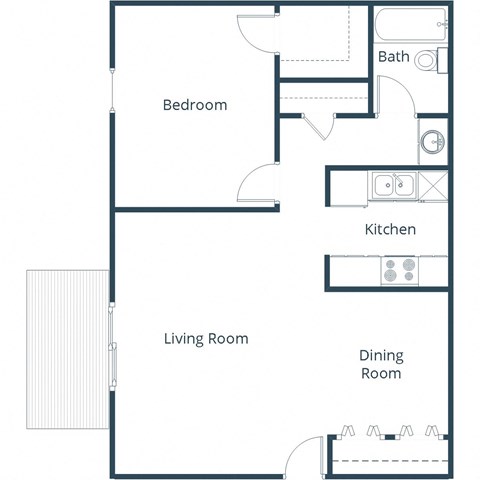 Floor plan for 1 bed, 1 bath, 672 sqft