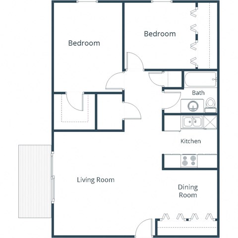 Floor plan for 2 beds, 1 bath, 880 sqft