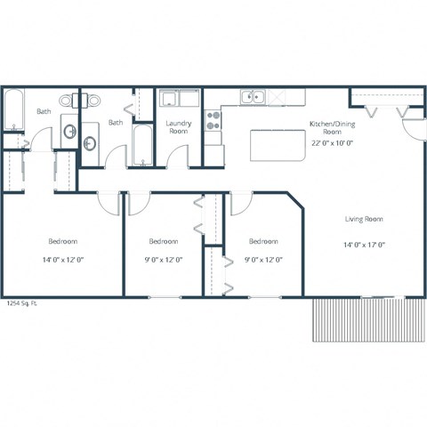 Floor plan for 3 beds, 2 baths, 1254 sqft