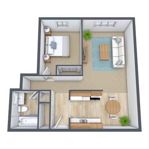 Floor plan for 1 bed, 1 bath, 700 sqft