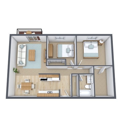 Floor plan for 2 beds, 1 bath, 850 sqft