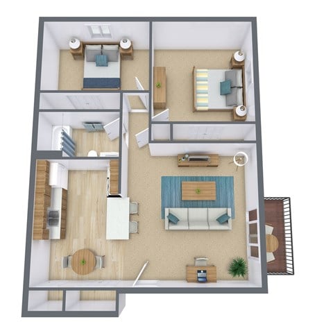Floor plan for 2 beds, 1 bath, 905 sqft