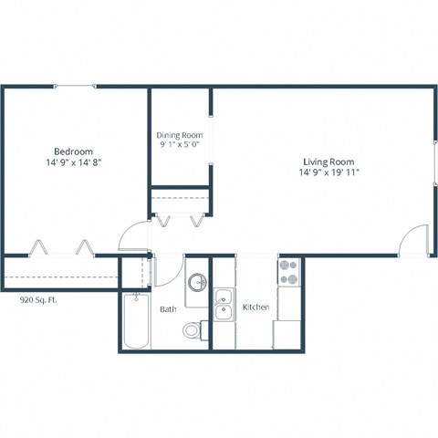 Floor plan for 1 bed, 1 bath