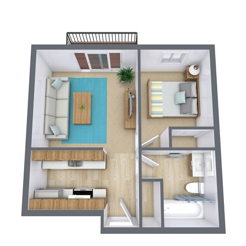 Floor plan for 1 bed, 1 bath, 600 sqft