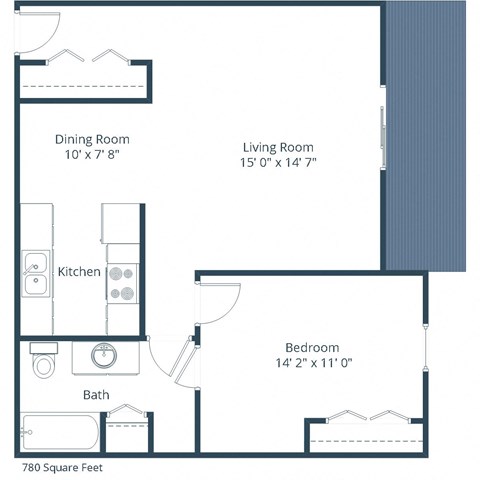 Floor plan for 1 bed, 1 bath, 780 sqft