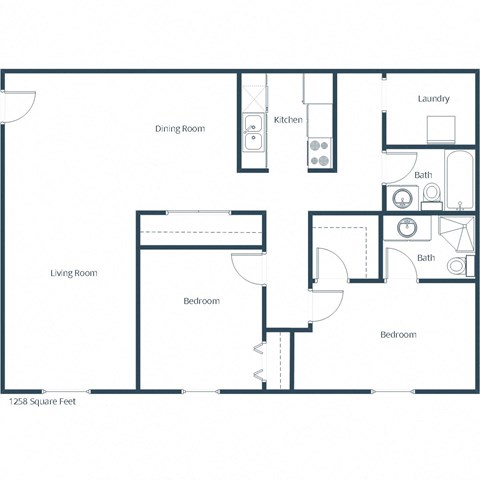 Floor plan for 2 beds, 1.8 baths, 1258 sqft