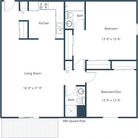 Floor plan for 2 beds, 2 baths, 986 sqft