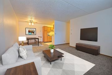Fargo apartment for rent - a living room with a couch and a coffee table and a television