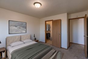 Fargo apartment for rent - a bedroom with a bed and a closet. Fargo, ND Auburn II Apartments.