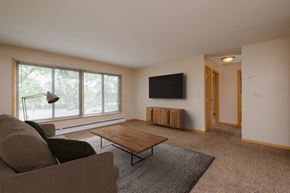 Fargo apartment for rent - a living room with a couch and a coffee table. Fargo, ND Birchwood 2 Apartments