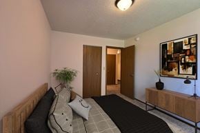 Fargo apartment for rent - a bedroom with a bed and a potted plant. Fargo, ND Chestnut Ridge Apartments