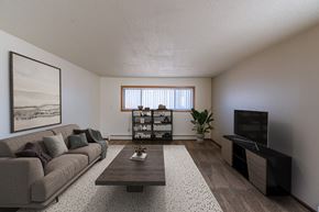 Fargo apartment for rent - a living room with a couch and a coffee table. Fargo, ND Martha Alice Apartments