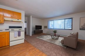 Fargo apartment for rent - Fargo, ND Morningside Apartments. A living room with a couch, tv, and a coffee table. A long window brightens the room with natural light.