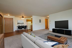 Fargo apartment for rent - Living room of an apartment with a couch and a television at Oak Court Apartments, Fargo