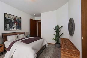 Fargo apartment for rent - Bedroom with a bed and a potted plant at Park Place Apartments in Fargo, ND