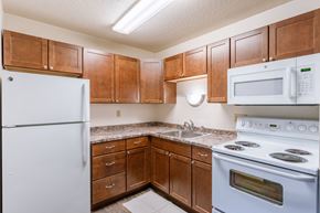 Fargo apartment for rent - a kitchen with white appliances and wooden cabinets. Fargo, ND Parkwood