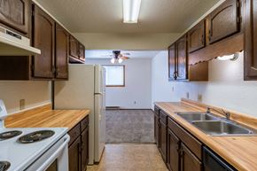 Fargo apartment for rent - the view of a kitchen with a stove sink and refrigerator. Fargo, ND Plumtree Apartments