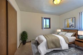Fargo apartment for rent - a bedroom with a bed and a potted plant. Fargo, ND Spring Apartments