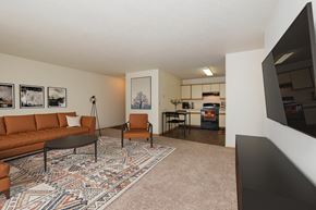 Fargo apartment for rent - Fargo, ND Twin Parks Apartments. a living room with a brown couch and a black coffee table