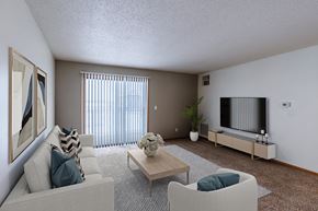 Fargo apartment for rent - a living room with a couch and a table and a television. Fargo, ND Willow Park Apartments