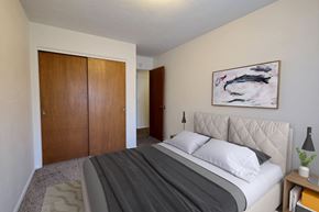 Fargo apartment for rent - a bedroom with a bed and a closet. Fargo, ND Woodland Apartments