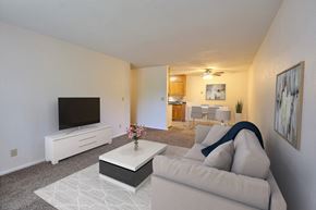 Fargo apartment for rent - a living room with a couch and a coffee table. Fargo, ND Woodland Apartments