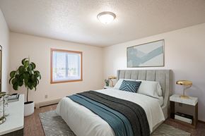 Fargo apartment for rent - an empty bedroom with a bed and a plant. Fargo, ND Carlton Place Apartments