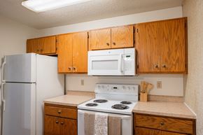 Fargo apartment for rent - a kitchen with white appliances and wooden cabinets and a refrigerator. Fargo, ND Cedar Pointe Apartments