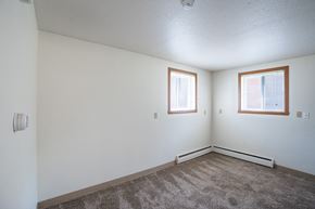 Fargo apartment for rent - the living room of an empty house with carpet and two windows. Fargo, ND Forest Avenue Apartments