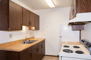 Fargo apartment for rent - a kitchen with a stove sink and refrigerator. Fargo, ND Pacific Park 2