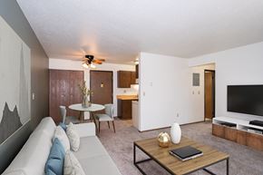 Fargo apartment for rent - a living room with a couch and a coffee table. Fargo, ND Pacific Park 2 Apartments