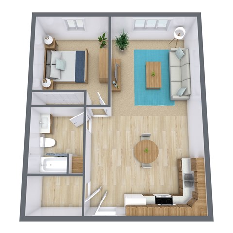 Floor plan for 1 bed, 1 bath, 635 sqft