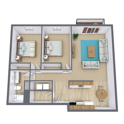Floor plan for 2 beds, 1 bath, 895 sqft