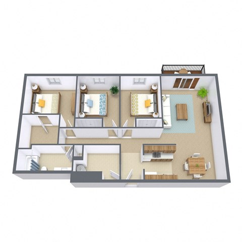 Floor plan for 3 beds, 1 bath, 1125 sqft