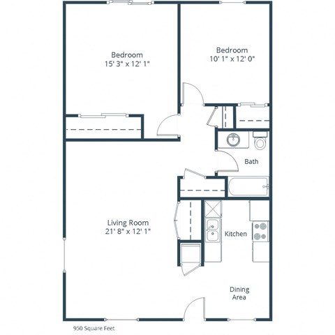 Floor plan for 2 beds, 1 bath, 950 sqft