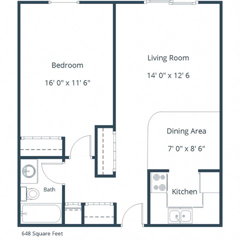 Floor plan for 1 bed, 1 bath, 648 sqft