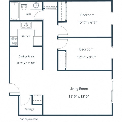 Floor plan for 2 beds, 1 bath, 868 sqft