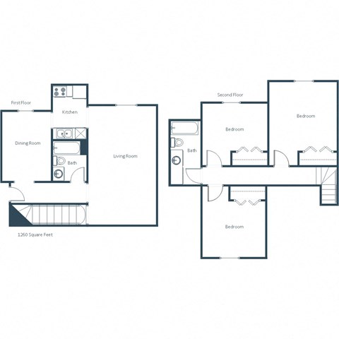 Floor plan for 3 beds, 2 baths, 1260 sqft
