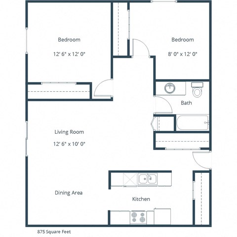 Floor plan for 2 beds, 1 bath, 875 sqft