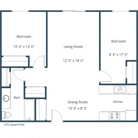 Floor plan for 2 beds, 1 bath, 875 sqft