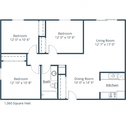 Floor plan for 3 beds, 1 bath, 1060 sqft