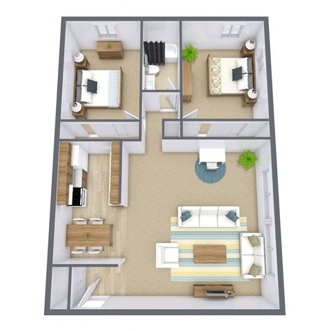 Floor plan for 2 beds, 1 bath, 1060 sqft