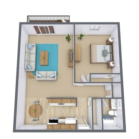 Floor plan for 1 bed, 1 bath, 840 sqft