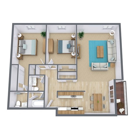 Floor plan for 2 beds, 1.5 baths, 1064 sqft